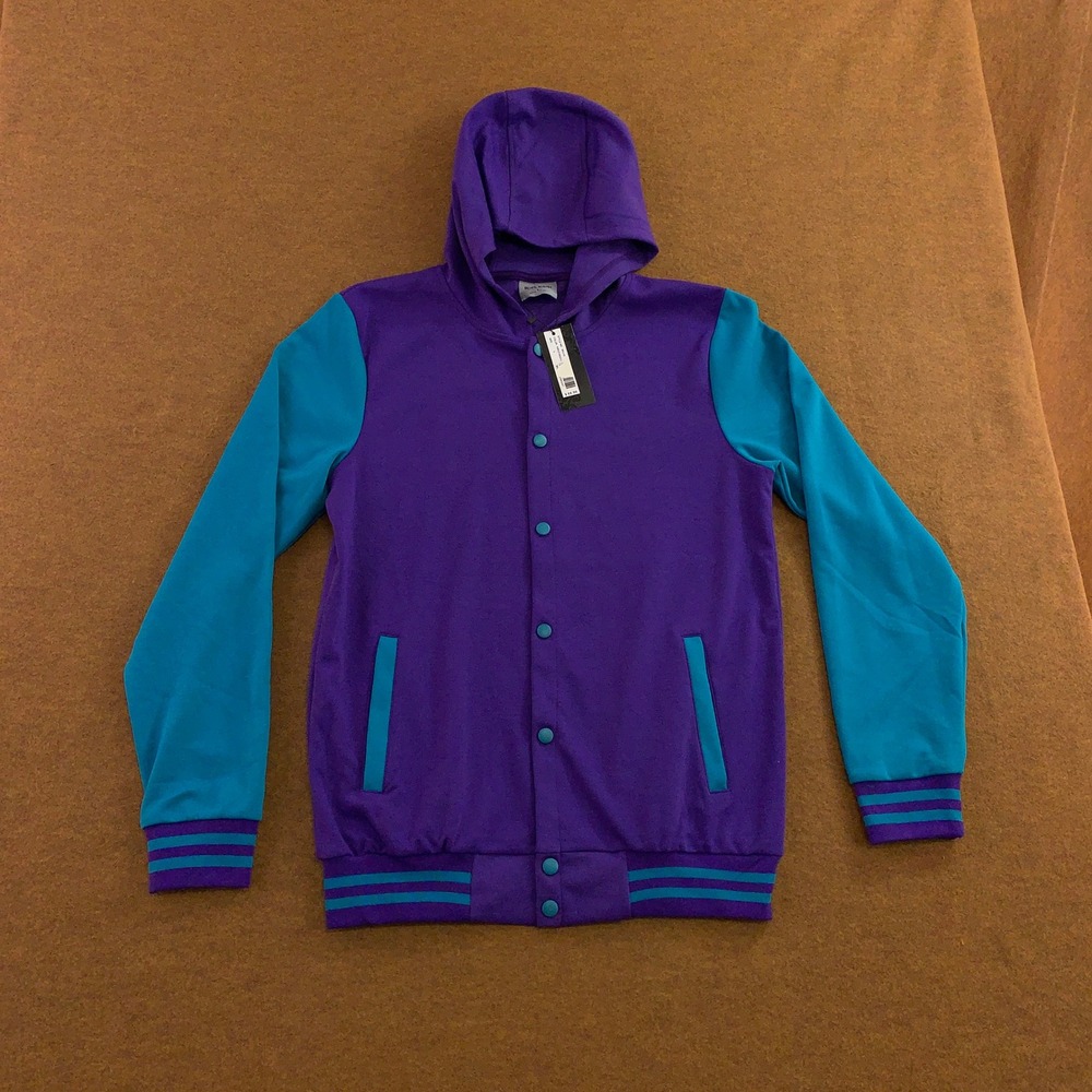 Riflessi Mens Size Large Purple Turquoise Snap Front Hooded Varsity Jacket NWT